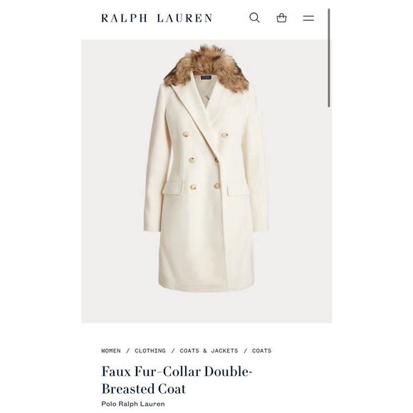Ralph Lauren Fur Collar Double Breasted Parka Peacoat Long Overcoat 4 S White - Picture 8 of 11